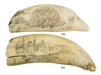 Lot 131 - Ø A 19TH CENTURY SCRIMSHAW DECORATED WHALE'S TOOTH