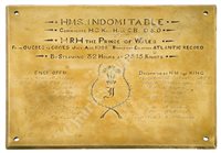 Lot 49 - AN HISTORICALLY INTERESTING BRASS PLATE COMMEMORATING THE ATLANTIC SPEED RECORD OF H.M.S. INDOMITABLE, JULY-AUGUST 1908 WITH THE PRINCE OF WALES ABOARD