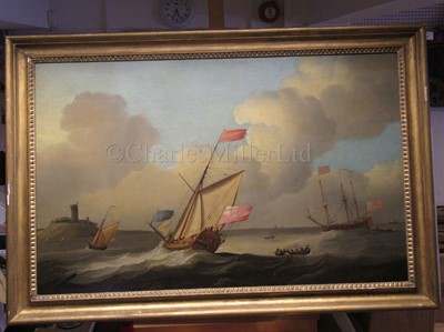 Lot 39 - PETER MONAMY (BRITISH, 1681-1749) - An Admiralty yacht escorting a Vice Admiral of the Red off a coast