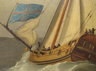 Lot 39 - PETER MONAMY (BRITISH, 1681-1749) - An Admiralty yacht escorting a Vice Admiral of the Red off a coast
