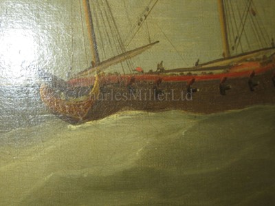Lot 39 - PETER MONAMY (BRITISH, 1681-1749) - An Admiralty yacht escorting a Vice Admiral of the Red off a coast