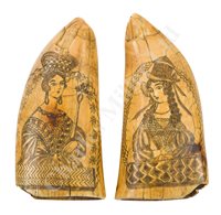 Lot 134 - Ø AN UNUSUAL PAIR OF SAILORWORK SCRIMSHAW DECORATED TEETH, CIRCA 1840