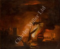 Lot 16 - PETER MONAMY (BRITISH, 1681-1749) - A ship on fire at night