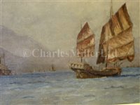 Lot 29 - δ WILLIAM CUSHING LORING (BRITISH, 1879-1961) - A junk and other shipping off Hong Kong island
