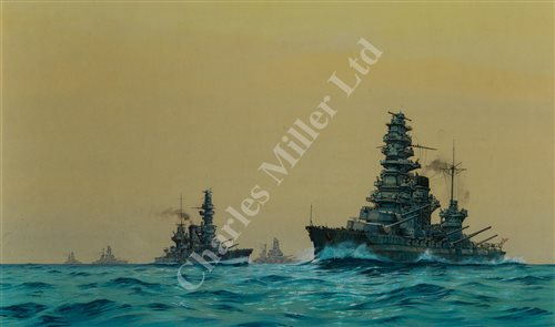 Lot 96 - δ GEOFF HUNT R.S.M.A. (BRITISH, B. 1948) - Japanese capital ships at sea: 'Kongo'; 'Kirishaina'; 'Fuso'; 'Haruna' and 'Ise'