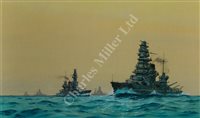 Lot 96 - δ GEOFF HUNT R.S.M.A. (BRITISH, B. 1948) - Japanese capital ships at sea: 'Kongo'; 'Kirishaina'; 'Fuso'; 'Haruna' and 'Ise'