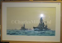 Lot 96 - δ GEOFF HUNT R.S.M.A. (BRITISH, B. 1948) - Japanese capital ships at sea: 'Kongo'; 'Kirishaina'; 'Fuso'; 'Haruna' and 'Ise'