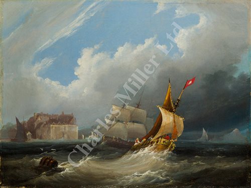 Lot 12 - ÉMILE MAILLARD (FRENCH, 1846-1926) - A Hamburg trading brig off the French coast; French harbour scene with shipping