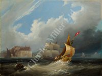 Lot 12 - ÉMILE MAILLARD (FRENCH, 1846-1926) - A Hamburg trading brig off the French coast; French harbour scene with shipping
