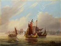 Lot 12 - ÉMILE MAILLARD (FRENCH, 1846-1926) - A Hamburg trading brig off the French coast; French harbour scene with shipping