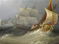 Lot 12 - ÉMILE MAILLARD (FRENCH, 1846-1926) - A Hamburg trading brig off the French coast; French harbour scene with shipping
