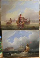 Lot 12 - ÉMILE MAILLARD (FRENCH, 1846-1926) - A Hamburg trading brig off the French coast; French harbour scene with shipping
