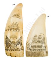 Lot 136 - Ø A 19TH CENTURY SAILORWORK SCRIMSHAW DECORATED WHALE'S TOOTH