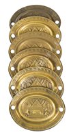 Lot 72 - A SET OF SIX PRESSED BRASS COMMEMORATIVE DRAWER ESCUTCHEONS FOR TRAFALGAR, CIRCA 1806