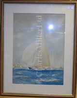 Lot 31 - δ ATTRIBUTED TO FRANK HENRY MASON (BRITISH, 1875-1965) - 'Britannia' leading 'Shamrock' off Cowes with the R.Y. 'Victoria & Albert III' in the distance