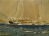 Lot 31 - δ ATTRIBUTED TO FRANK HENRY MASON (BRITISH, 1875-1965) - 'Britannia' leading 'Shamrock' off Cowes with the R.Y. 'Victoria & Albert III' in the distance