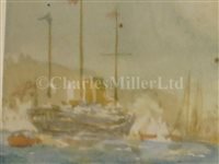 Lot 31 - δ ATTRIBUTED TO FRANK HENRY MASON (BRITISH, 1875-1965) - 'Britannia' leading 'Shamrock' off Cowes with the R.Y. 'Victoria & Albert III' in the distance