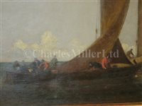 Lot 15 - δ CHARLES KNIGHT (BRITISH, 1901-1990) - Seascape with fishing boats