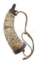 Lot 105 - A SCRIMSHAW DECORATED HORN POWDER FLASK,...