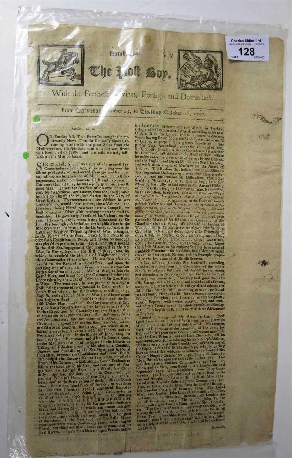 Lot 128 - The Death of Sir Cloudesly Shovel<br/> "On Sunday...