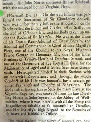 Lot 128 - The Death of Sir Cloudesly Shovel<br/> "On Sunday...