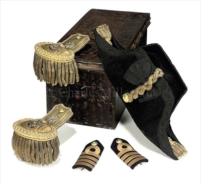 Lot 119 - A ROYAL NAVY BICORN HAT, EPAULETTES AND...