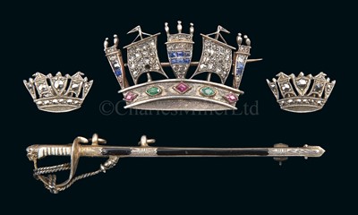 Lot 123 - A SILVER GEM-SET NAVAL CROWN BROOCH<br/>set with...