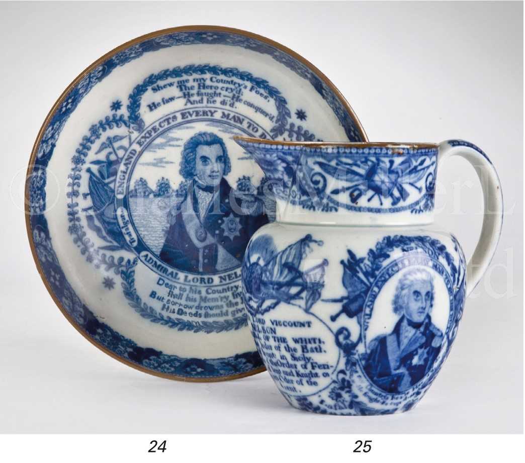 Lot 25 - A COMMEMORATIVE BLUE AND WHITE TRANSFER JUG,...