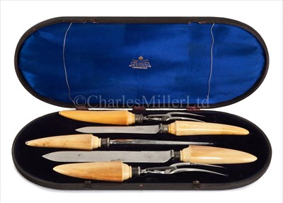 Lot 120 - A CASED PRESENTATION MARINE IVORY CARVING SET,...