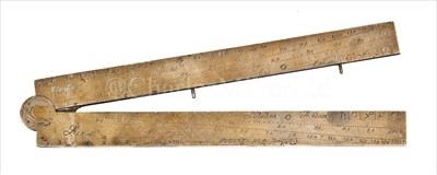 Lot 218 - AN 18TH-CENTURY BRASS GUNNER'S SECTOR BY...