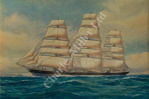 Lot 19 - δ PELHAM JONES (BRITISH, 1890-1950) - Study of the three-masted schooner 'Benicia'