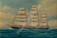 Lot 19 - δ PELHAM JONES (BRITISH, 1890-1950) - Study of the three-masted schooner 'Benicia'