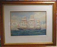 Lot 19 - δ PELHAM JONES (BRITISH, 1890-1950) - Study of the three-masted schooner 'Benicia'