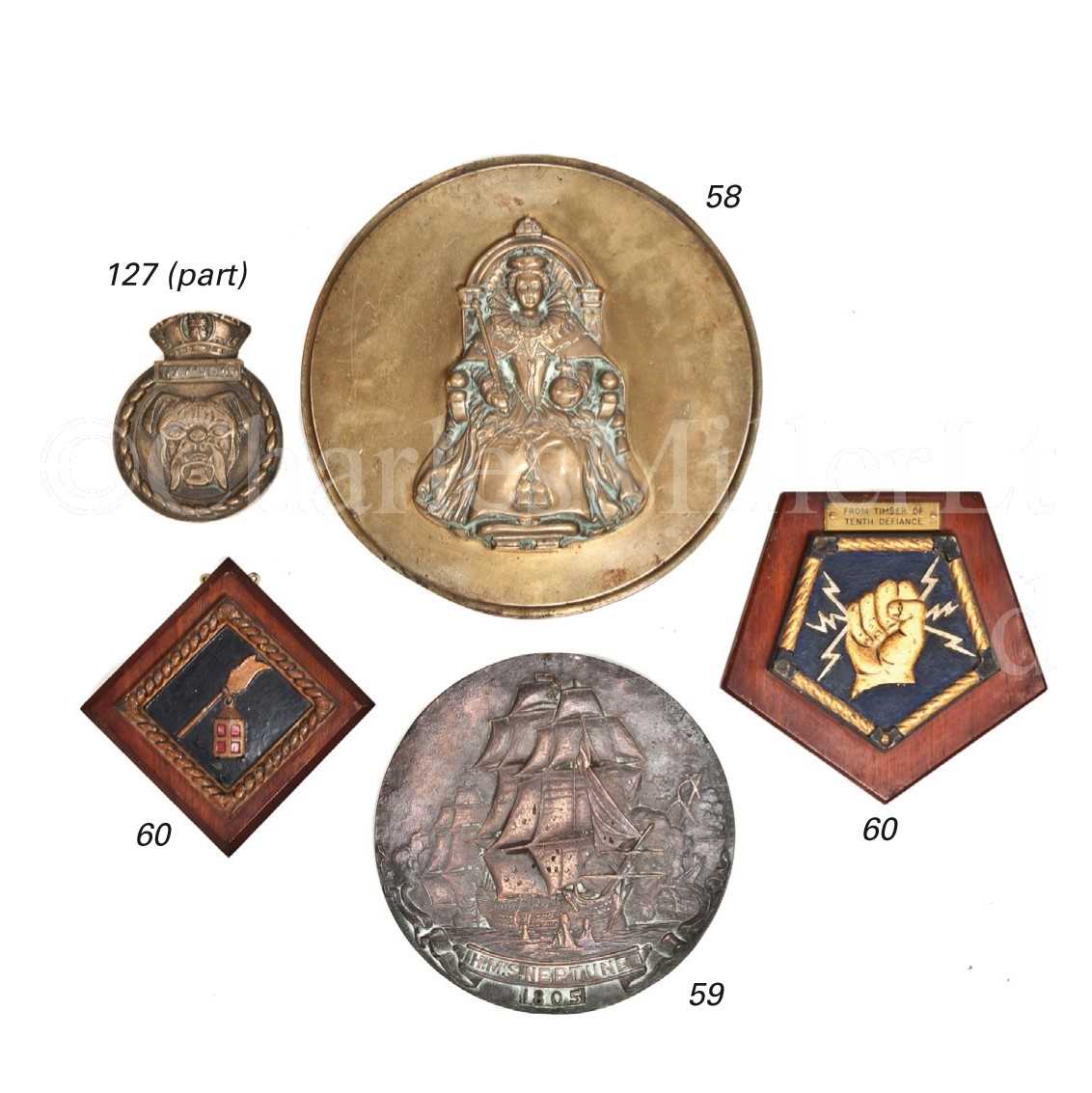 Lot 60 - ROYAL NAVAL BOAT BADGES<br/>for H.M.Ships Defiance...
