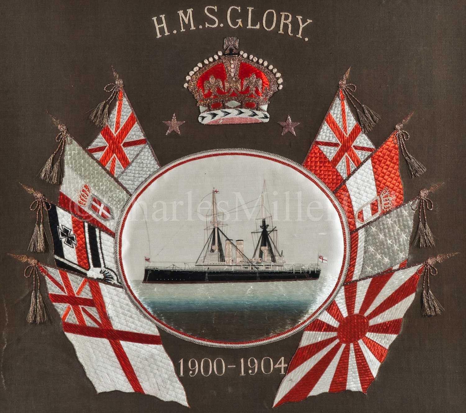 Lot 63 - AN ORIENTAL SILKWORK COMMEMORATING H.M.S....