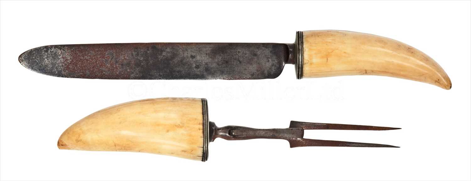 Lot 82 - A 19TH-CENTURY WHALE-TOOTH-HANDLED CARVING...
