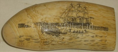 Lot 100 - A SCRIMSHAW-DECORATED WHALE'S TOOTH<br/>incised...