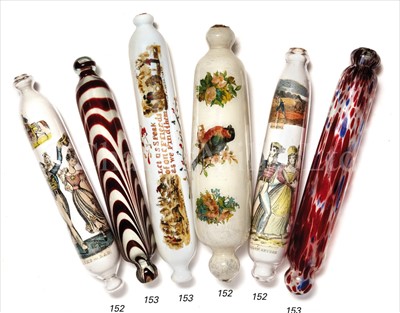Lot 152 - THREE 19TH-CENTURY GLASS ROLLING PINS<br/>two of...