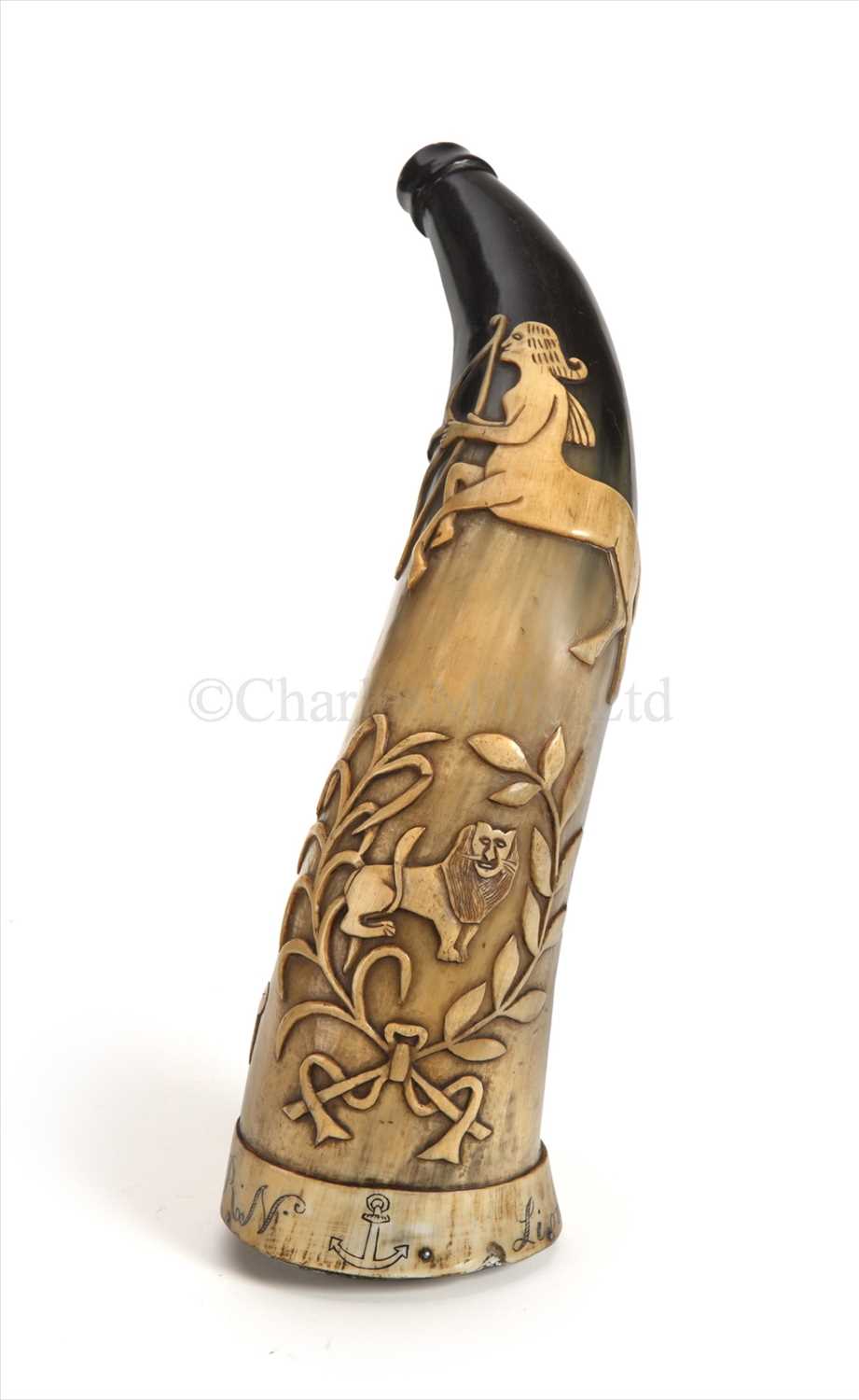 Lot 127 - A 19TH-CENTURY CARVED AND SCRIMSHAW-WORKED...