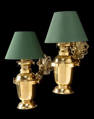Lot 160 - A PAIR OF GIMBALLED BRASS BULKHEAD OIL...